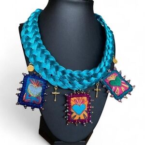 Vibrant Teal Crotchet Necklace with Embroidered Charms